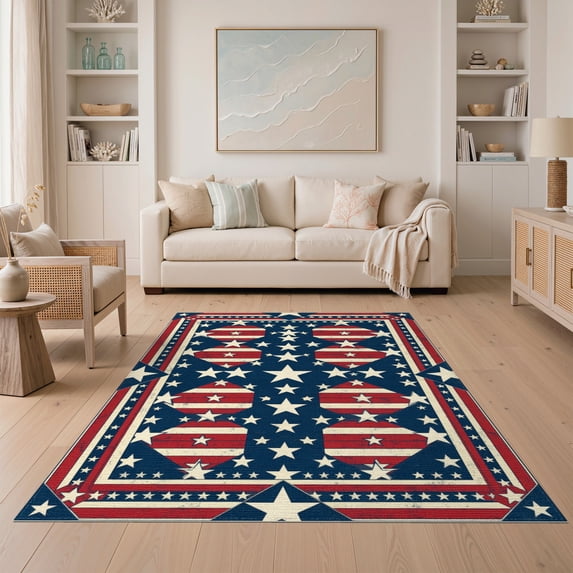 ODIKA 5'x7' Washable Area Rug Patriotic Tone Mosaic Featuring Repeating Halloween Plaid Independence for Small Living Room, Bedroom, Easy Care, Non-Shedding, Pet Friendly