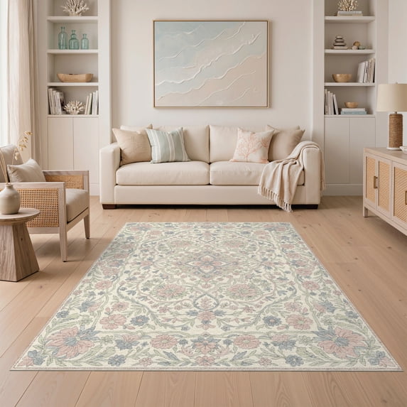 ODIKA 5'x7' Washable Area Rug Pink Boho Oushak Whimsical Blush Dorm Pastel Sage Nursey Flowing Dynamic for Dining Room, Under Table, Home Office, Non-Slip Chair-Friendly