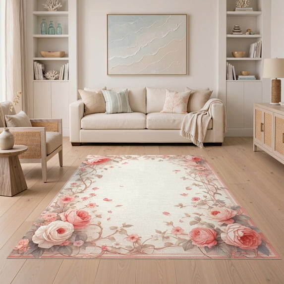 ODIKA 5'x7' Washable Area Rug Pink Boho Ribbon Border Alfombra Para Cuarto Scattered for Small Living Room, Bedroom, Easy Care, Non-Shedding, Pet Friendly