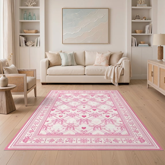 ODIKA 5'x7' Washable Area Rug Pink Coquette Lattice Ribbon Tiny Round Shaped Bows Dainty for Guest Room, Lounge, Apartment, Non-Slip Low Profile, Stain Resistant