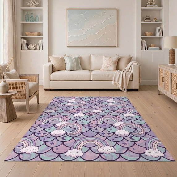 ODIKA 5'x7' Washable Area Rug Pink Galaxy Whimsical Mermaid Scales Iridescent Lilac Accents, Kawaii Clouds for Small Living Room, Bedroom, Easy Care, Non-Shedding, Pet Friendly