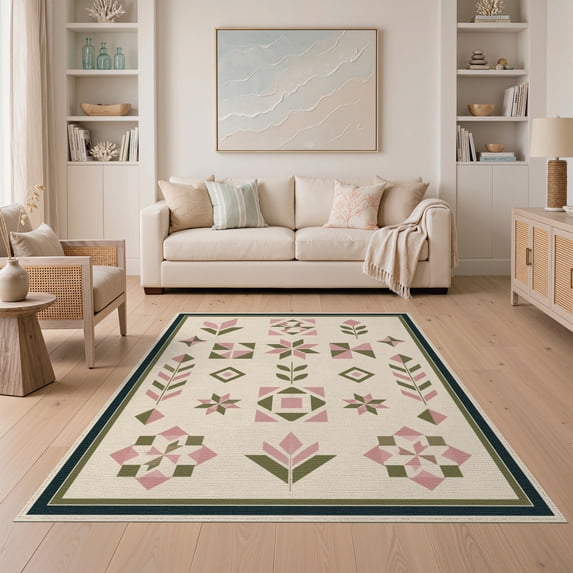 ODIKA 5'x7' Washable Area Rug Pink Olive Geometric Design Elegant Symmetrical with Botanical Motifs for Guest Room, Lounge, Apartment, Non-Slip Low Profile, Stain Resistant