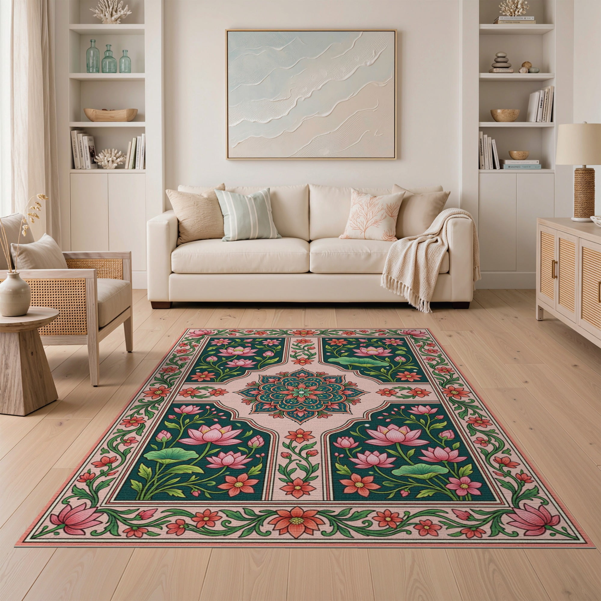 ODIKA 5'x7' Washable Area Rug Pink Oriental Mughal Garden Design ...