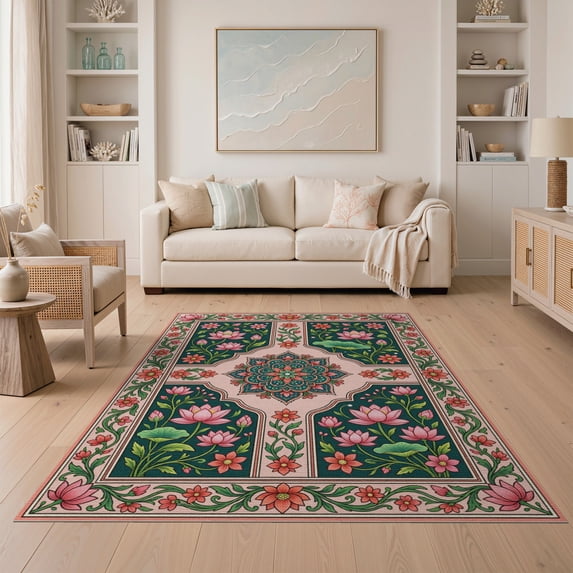 Simmetry Fower ODIKA 5'x7' Washable Area Rug Pink Oriental Mughal Garden Design ...