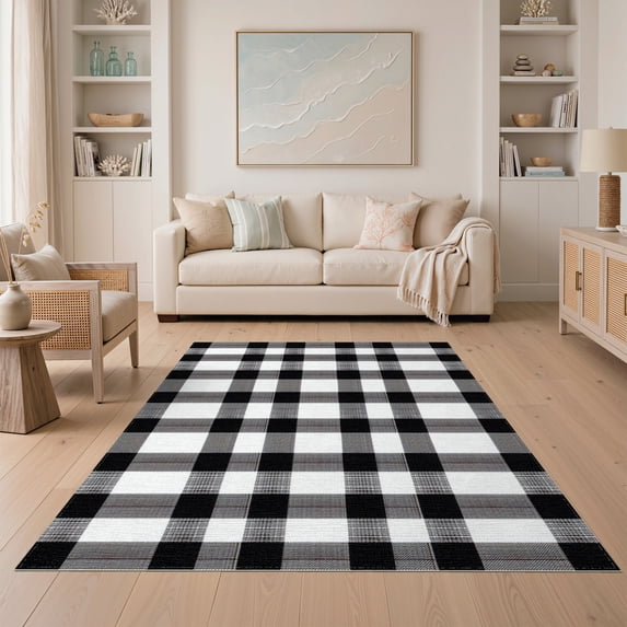 ODIKA 5'x7' Washable Area Rug Plaid Under Checkered Farmhouse Welcome Doormat Layering Layered for Small Living Room, Bedroom, Easy Care, Non-Shedding, Pet Friendly