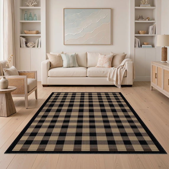 ODIKA 5'x7' Washable Area Rug Plaid Farmhouse Foyer Tartan Windowpane Border Checkered Bold for Dining Room, Under Table, Home Office, Non-Slip Chair-Friendly
