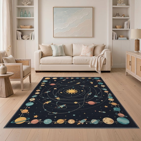 ODIKA 5'x7' Washable Area Rug Playroom Science Chart Featuring Cartoon Spacecraft Theme Classroom for Guest Room, Lounge, Apartment, Non-Slip Low Profile, Stain Resistant
