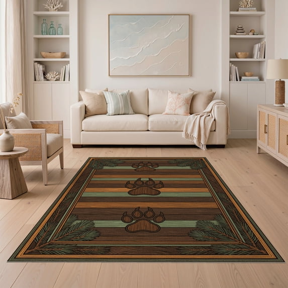 ODIKA 5'x7' Washable Area Rug Print Rustic Wood Grain With Woodland Forest Border Bear Paw Refined Structured for Dining Room, Under Table, Home Office, Non-Slip Chair-Friendly