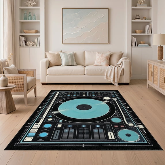 ODIKA 5'x7' Washable Area Rug Record Vinyl Dj Mixer Blueprint Decks Retro Equalizer Bars Player for Guest Room, Lounge, Apartment, Non-Slip Low Profile, Stain Resistant