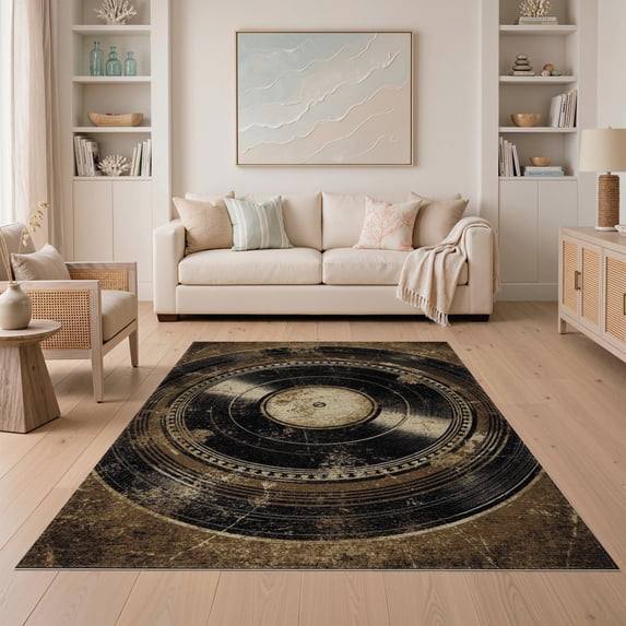ODIKA 5'x7' Washable Area Rug Record Vinyl Weathered Music Disc Retro Sepia Tones Nostalgic for Guest Room, Lounge, Apartment, Non-Slip Low Profile, Stain Resistant