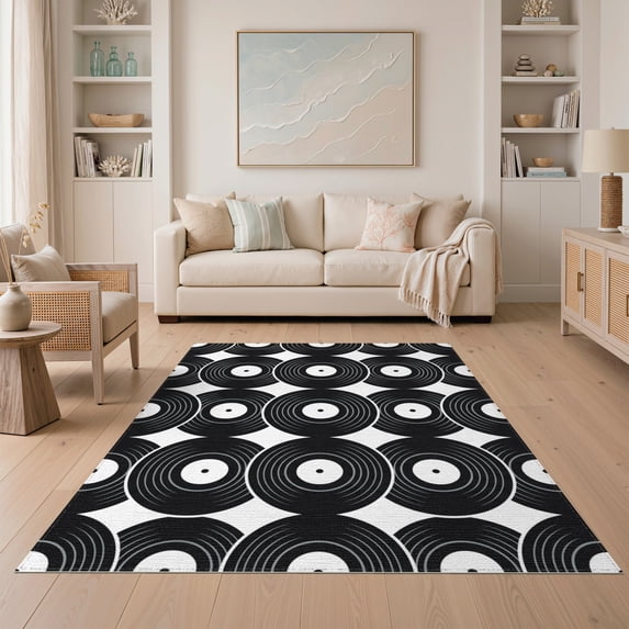 ODIKA 5'x7' Washable Area Rug Retro Cd Minimalist Groove Rings Shaped Music Disc Vinyl Record Playful for Small Living Room, Bedroom, Easy Care, Non-Shedding, Pet Friendly