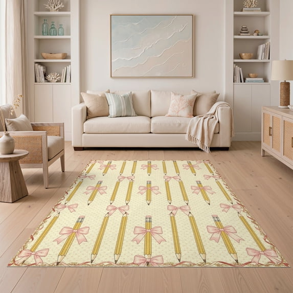 ODIKA 5'x7' Washable Area Rug School Door Pink Ribbon Yellow Pencil Academic Theme Cream Classroom for Small Living Room, Bedroom, Easy Care, Non-Shedding, Pet Friendly