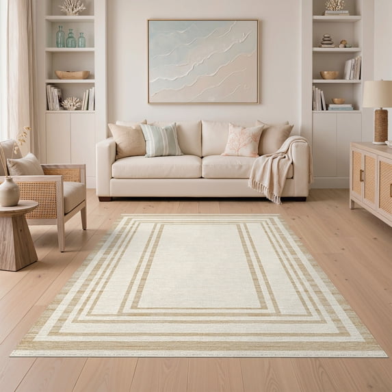 ODIKA 5'x7' Washable Area Rug Sisal Inspired Boxed Grid Panels Pinline Border Subtle Tonal for Small Living Room, Bedroom, Easy Care, Non-Shedding, Pet Friendly