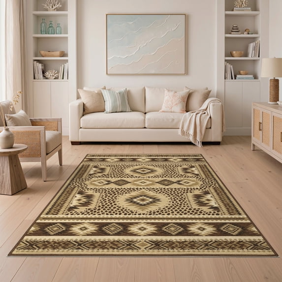 ODIKA 5'x7' Washable Area Rug Spotted Southwestern Geometric Abstract Patches Border Inspired Flowing Dynamic for Dining Room, Under Table, Home Office, Non-Slip Chair-Friendly