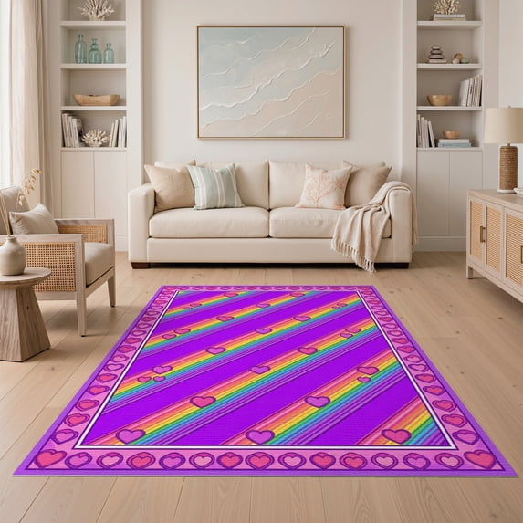 ODIKA 5'x7' Washable Area Rug Stripe Clusters Polka Dot Border Ombre Gradient Watercolor Large Pink Refined for Dining Room, Under Table, Home Office, Non-Slip Chair-Friendly