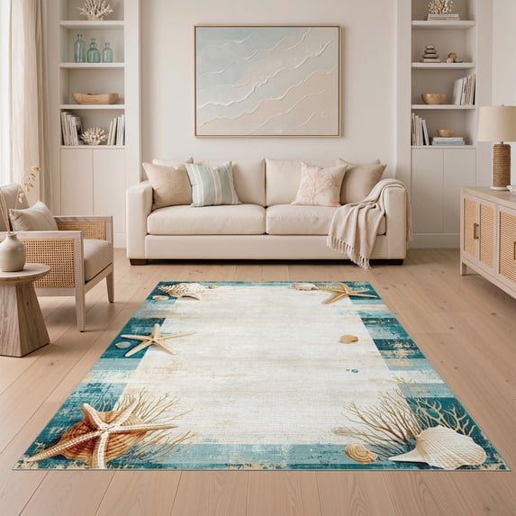 ODIKA 5'x7' Washable Area Rug Striped Nautical Vintage Seashell Coral Starfish Marine Motifs for Dining Room, Under Table, Home Office, Non-Slip Chair-Friendly