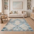thumbnail image 1 of ODIKA 5'x7' Washable Area Rug Tan Navy Abstract Interlocking Motif Neutral Tones Teal Geometric for Dining Room, Under Table, Home Office, Non-Slip Chair-Friendly, 1 of 7