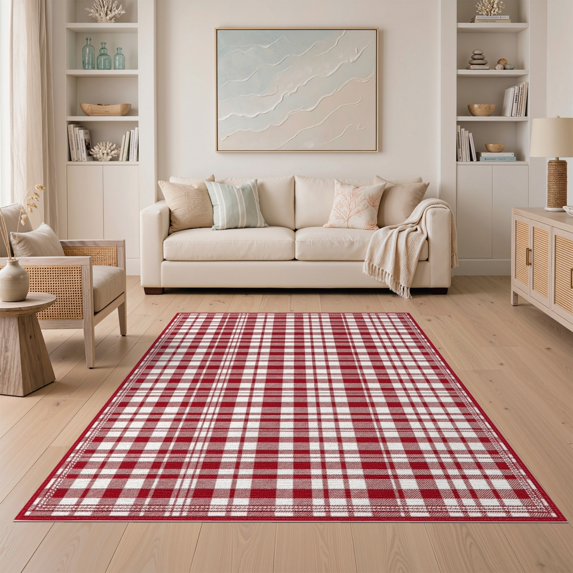 ODIKA 5'x7' Washable Area Rug Tartan Bordered Gingham Motif Border Welcome Lettering Plaid Flowing Dynamic for Guest Room, Lounge, Apartment, Non-Slip Low Profile, Stain Resistant
