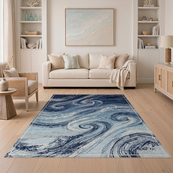 ODIKA 5'x7' Washable Area Rug Tidal Swirl Distressed Ombre Sage That Couch Costal Abstract Flowing Dynamic for Dining Room, Under Table, Home Office, Non-Slip Chair-Friendly