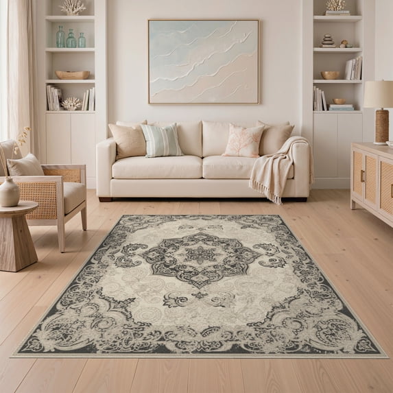 ODIKA 5'x7' Washable Area Rug Vintage Faded Distressed Transitional Border Interlocking Abstract Flowing for Guest Room, Lounge, Apartment, Non-Slip Low Profile, Stain Resistant