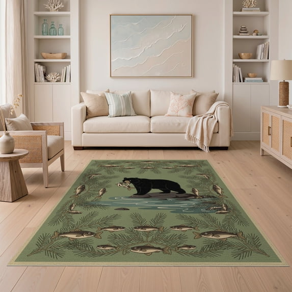 ODIKA 5'x7' Washable Area Rug Vintage Print Fish Frame Cabin Forest Border Wildlife Fishing Flowing Dynamic for Dining Room, Under Table, Home Office, Non-Slip Chair-Friendly