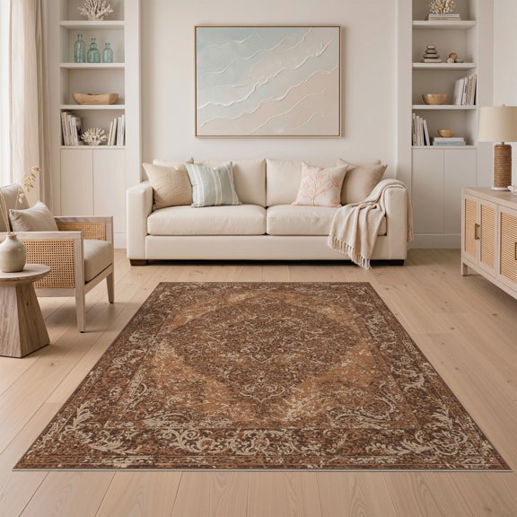 ODIKA 5'x7' Washable Area Rug Vintage Teal Traditional Center Aged Ivory Borders Terracotta for Small Living Room, Bedroom, Easy Care, Non-Shedding, Pet Friendly