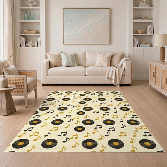 ODIKA 5'x7' Washable Area Rug Vinyl Note Record Retro Disc Repeating Album Round Cd Themed Music Flowing for Dining Room, Under Table, Home Office, Non-Slip Chair-Friendly
