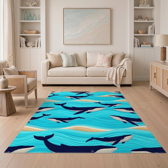 ODIKA 5'x7' Washable Area Rug Whale Wave Abstract Current Beachy Ocean Funky Bathroom Nautical Refined for Dining Room, Under Table, Home Office, Non-Slip Chair-Friendly