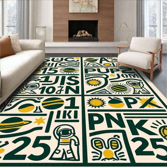 ODIKA 5'x7' Machine Washable Non-Slip Area Rug, ABC Showcasing Space Icons and Letter Forms High Traffic Rug, Green, 693287