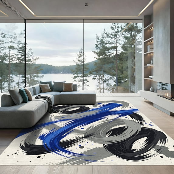 ODIKA 5'x7' Machine Washable Non-Slip Area Rug, Abstract Black High Traffic Rug, Blue, 956061