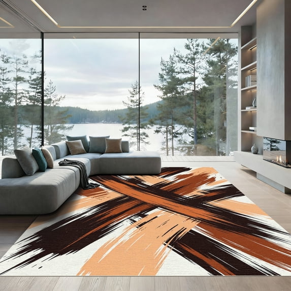 ODIKA 5'x7' Machine Washable Non-Slip Area Rug, Abstract Black High Traffic Rug, Brown, 1158357