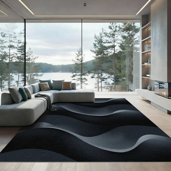 ODIKA 5'x7' Machine Washable Non-Slip Area Rug, Abstract Black High Traffic Rug, Gray, 1051650