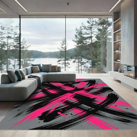 ODIKA 5'x7' Machine Washable Non-Slip Area Rug, Abstract Black High Traffic Rug, Gray, 985068