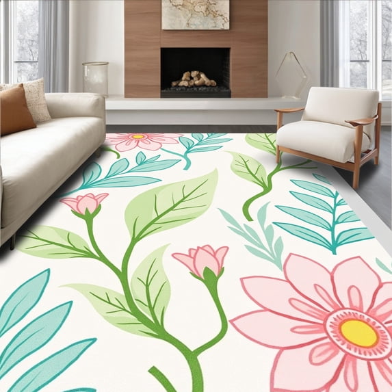 ODIKA 5'x7' Machine Washable Non-Slip Area Rug, Abstract Blossom Motif with Subtle Petal Flourishes High Traffic Rug with Pad, Pink, 730914