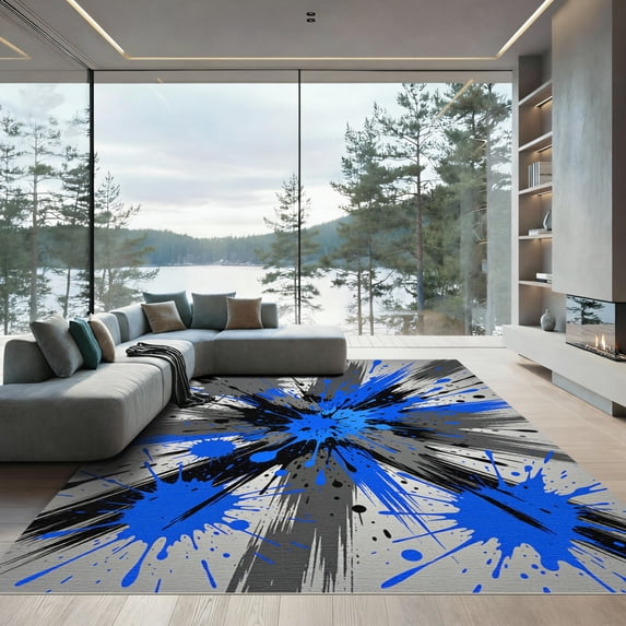 ODIKA 5'x7' Machine Washable Non-Slip Area Rug, Abstract Blue High Traffic Rug, Blue, 956049