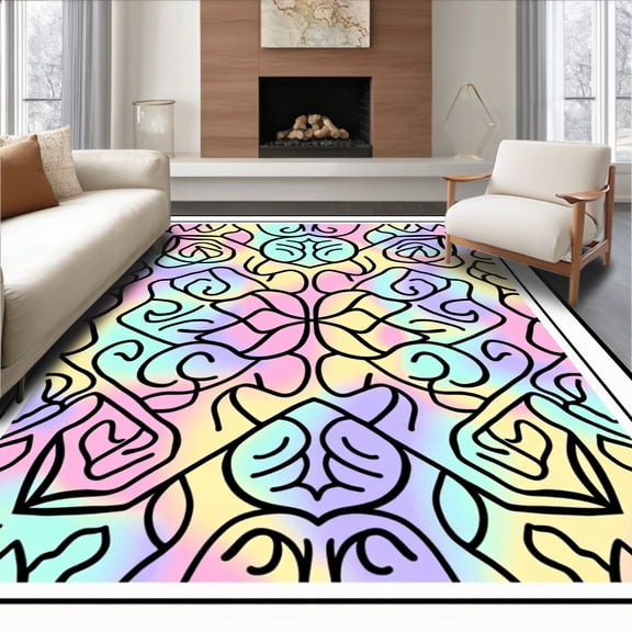 ODIKA 5'x7' Machine Washable Non-Slip Area Rug, Abstract Boho Tiled Motif High Traffic Rug, Pink, 450721
