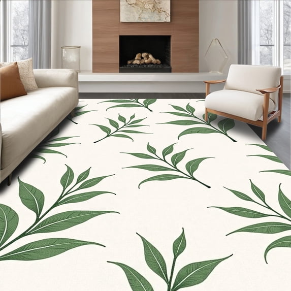 ODIKA 5'x7' Machine Washable Non-Slip Area Rug, Abstract Botanical Motifs with Distressed Finish High Traffic Rug with Pad, Green, 572765