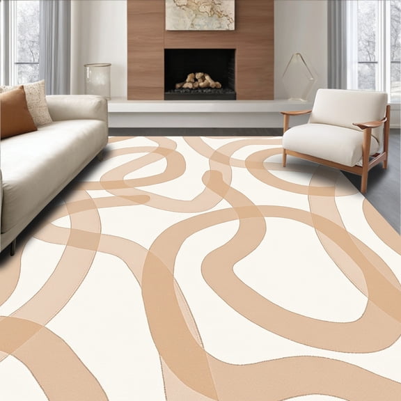 ODIKA 5x7 Machine Washable Non-Slip Area Rug, Abstract Brushstroke with Fluid Interlocking Shapes High Traffic Rug, Beige, 462106