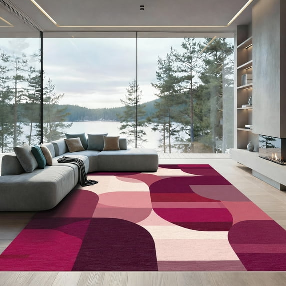ODIKA 5'x7' Machine Washable Non-Slip Area Rug, Abstract Burgundy High Traffic Rug, Red, 1097561