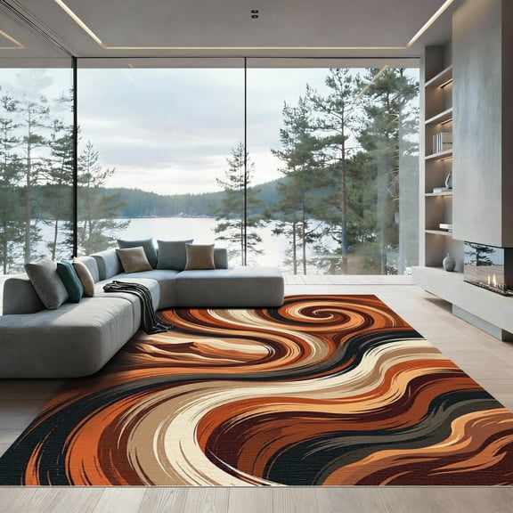 ODIKA 5'x7' Machine Washable Non-Slip Area Rug, Abstract Burnt Orange High Traffic Rug, Brown, 1187321