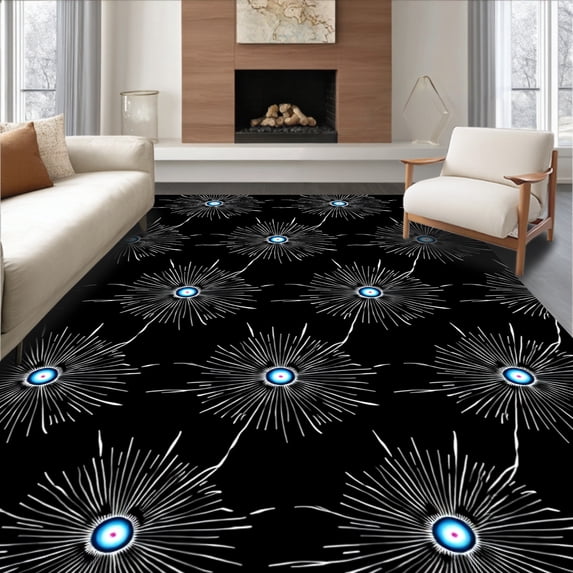ODIKA 5'x7' Machine Washable Non-Slip Area Rug, Abstract Cosmic Starburst Design with Radiating Wave High Traffic Rug, Black, 599110