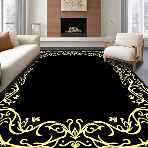 ODIKA 5'x7' Machine Washable Non-Slip Area Rug, Abstract Damask with Scrollwork Details High Traffic Rug, Black, 462823