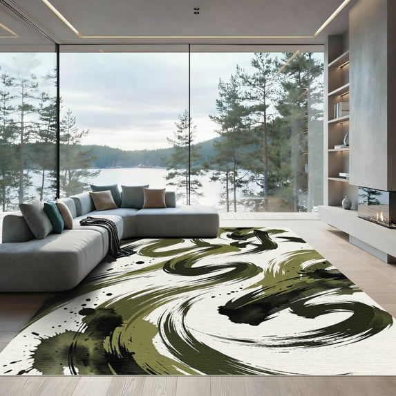 ODIKA 5'x7' Machine Washable Non-Slip Area Rug, Abstract Dark Green High Traffic Rug, Green, 1284494