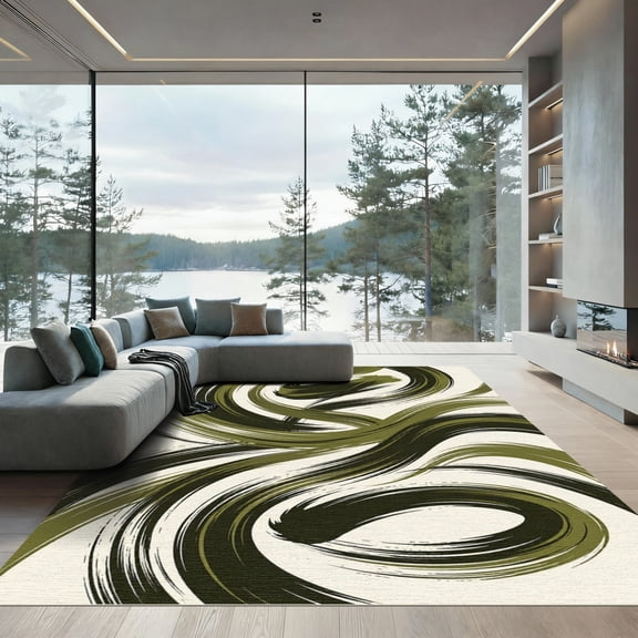 ODIKA 5'x7' Machine Washable Non-Slip Area Rug, Abstract Dark Green High Traffic Rug, Green, 967606