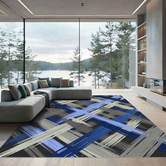 ODIKA 5'x7' Machine Washable Non-Slip Area Rug, Abstract Navy High Traffic Rug, Blue, 956052