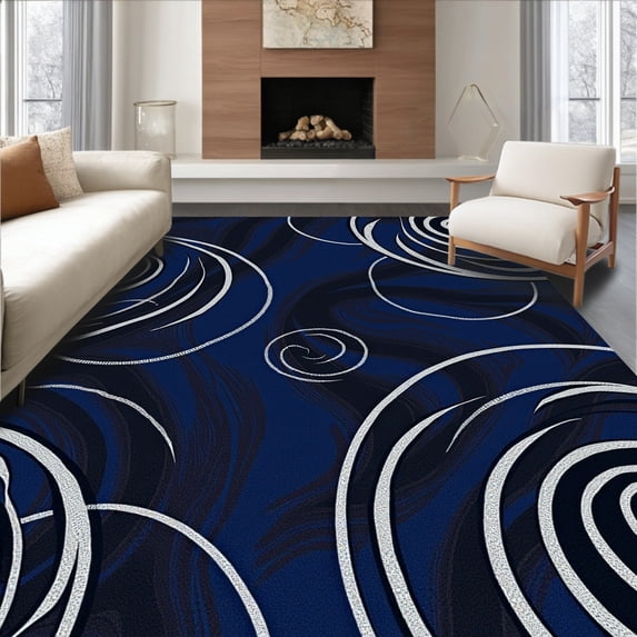 ODIKA 5'x7' Machine Washable Non-Slip Area Rug, Abstract Swirl Dense Pile Decorative Floor Covering High Traffic Rug with Pad, Blue, 601362