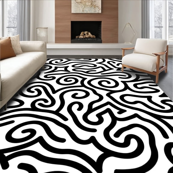 ODIKA 5'x7' Machine Washable Non-Slip Area Rug, Abstract Swirl with Flowing Monochrome Curves High Traffic Rug, Black, 522056