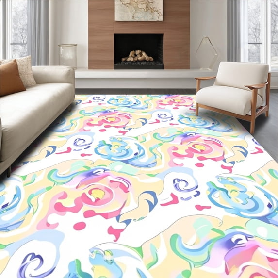 ODIKA 5'x7' Machine Washable Non-Slip Area Rug, Abstract Swirls with Muted and Flow High Traffic Rug with Pad, Pink, 396252