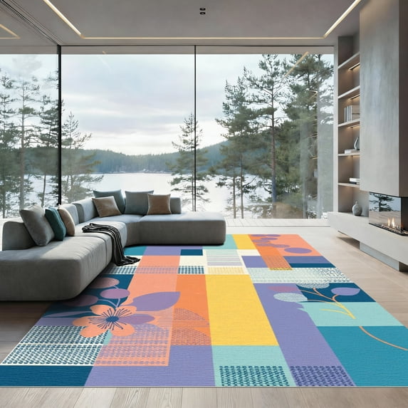 ODIKA 5'x7' Machine Washable Non-Slip Area Rug, Abstract Teal High Traffic Rug, Blue, 1050088