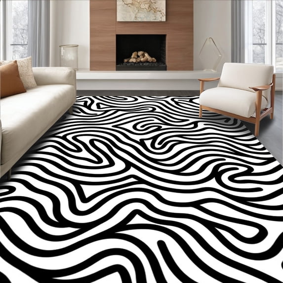 ODIKA 5x7 Machine Washable Non-Slip Area Rug, Abstract Wave Ripple Floor Covering with Flowing Curved High Traffic Rug, Black, 511368